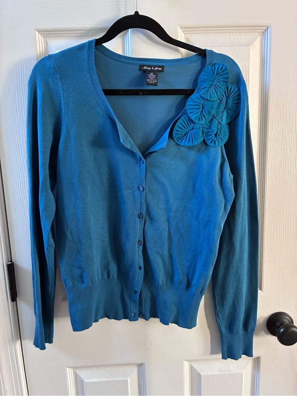 Audrey & Grace Medium Blue Cardigan Sweater w Pearl Buttons & Flower Accent